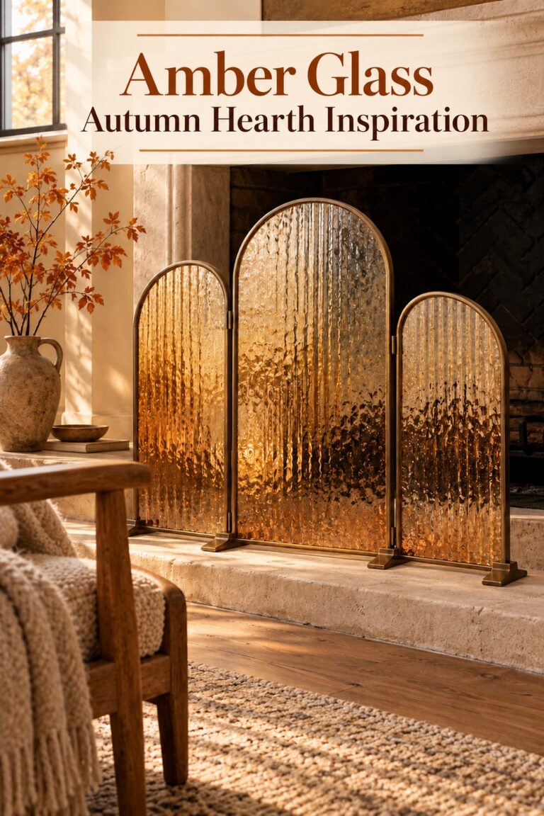 Three arched rippled amber glass panels in warm metal frames before an unlit autumn fireplace with text Amber Glass Autumn Hearth Inspiration