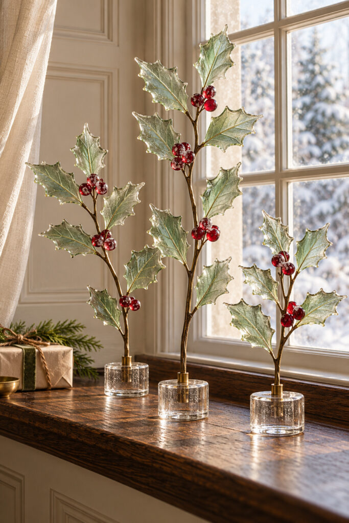 Three pale sage glass holly stems with red berries in clear round bases on a dark wooden windowsill