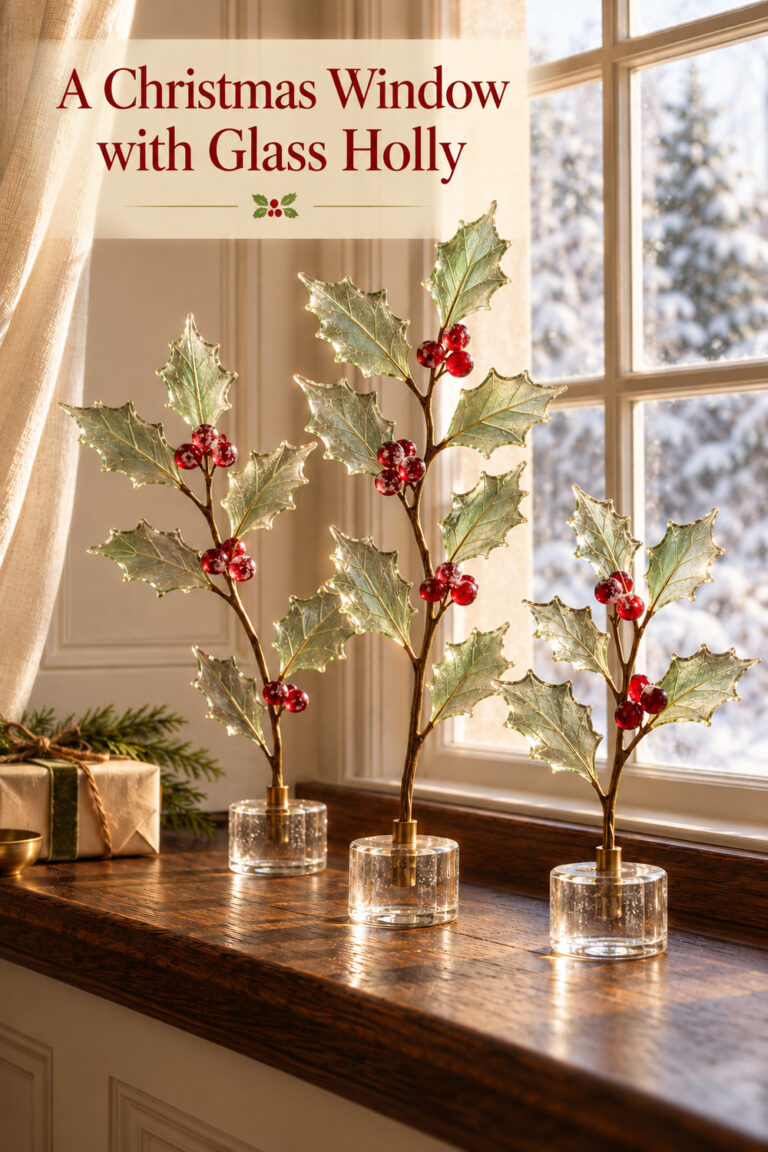 Three pale sage glass holly stems with red berries in clear round bases on a dark wooden windowsill with the words A Christmas Window with Glass Holly
