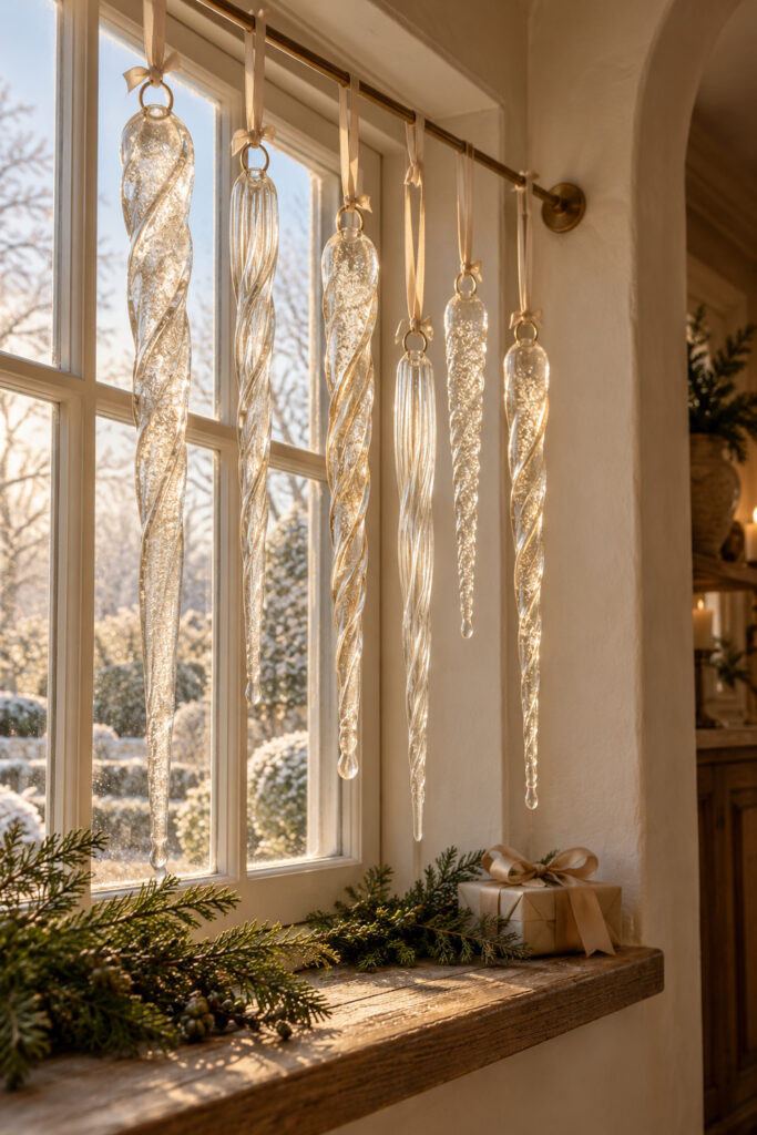 Long textured glass icicle ornaments suspended on ivory ribbons across a Christmas window above evergreen foliage