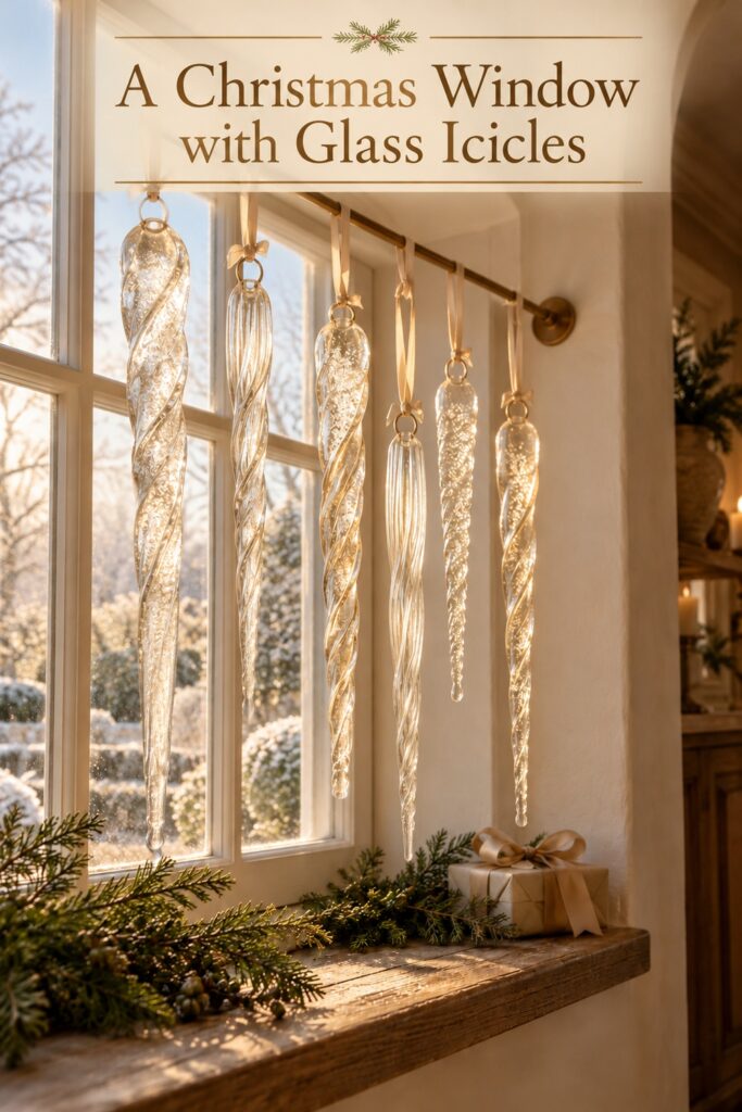 Long textured glass icicle ornaments suspended on ivory ribbons across a Christmas window above evergreen foliage with text A Christmas Window with Glass Icicles