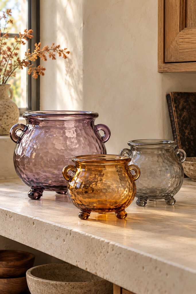Three textured glass cauldrons in lavender amber and smoky gray on a cream kitchen shelf