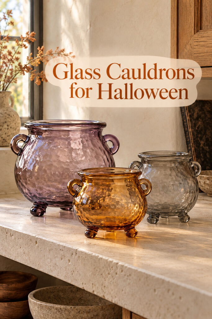 Three textured glass cauldrons in lavender amber and smoky gray on a cream kitchen shelf with the words Glass Cauldrons for Halloween