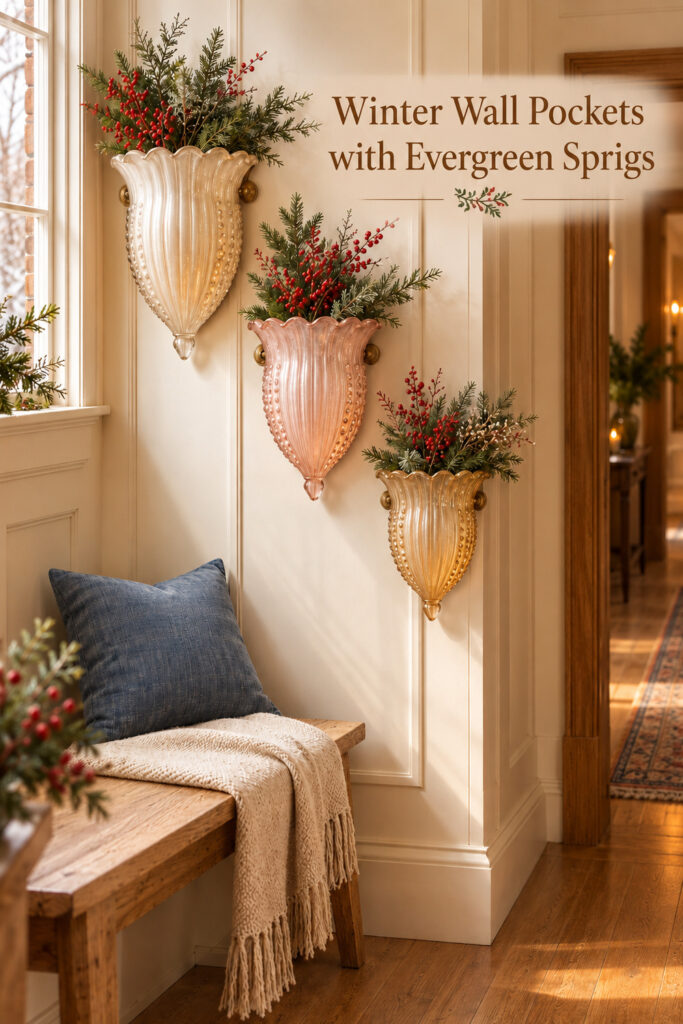 Three scalloped glass wall pocket vases in ivory blush and honey hold evergreen and red berries above an oak hallway bench with the words Winter Wall Pockets with Evergreen Sprigs