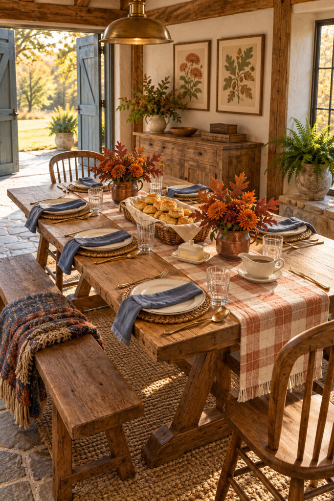 Low basket of biscuits between copper flower pitchers on a Thanksgiving table with cream plates woven mats and blue napkins