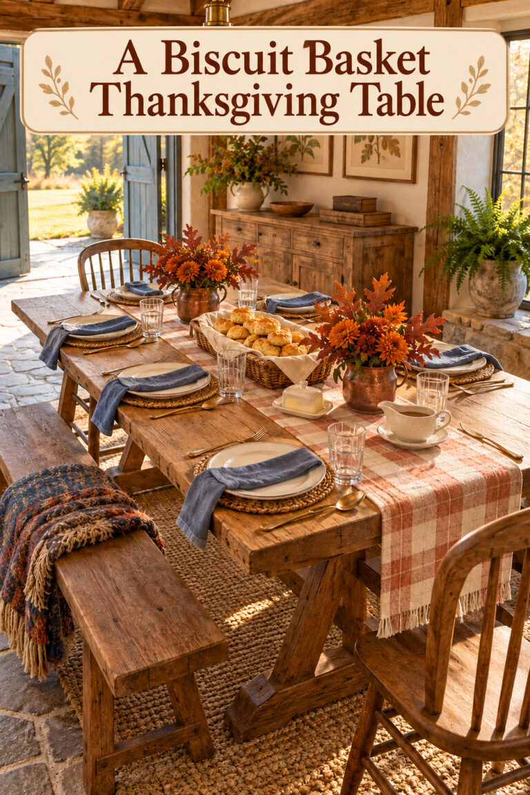 Low basket of biscuits between copper flower pitchers on a Thanksgiving table with cream plates woven mats and blue napkins with text reading A Biscuit Basket Thanksgiving Table