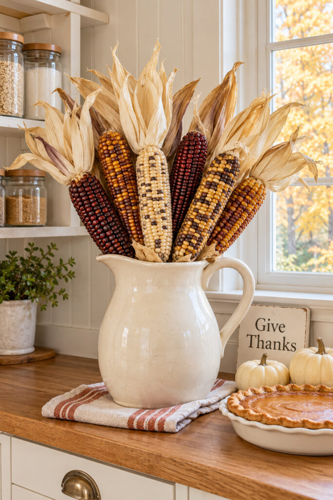 Colorful decorative flint corn with dry husks in a cream pitcher beside pumpkins and a Give Thanks sign