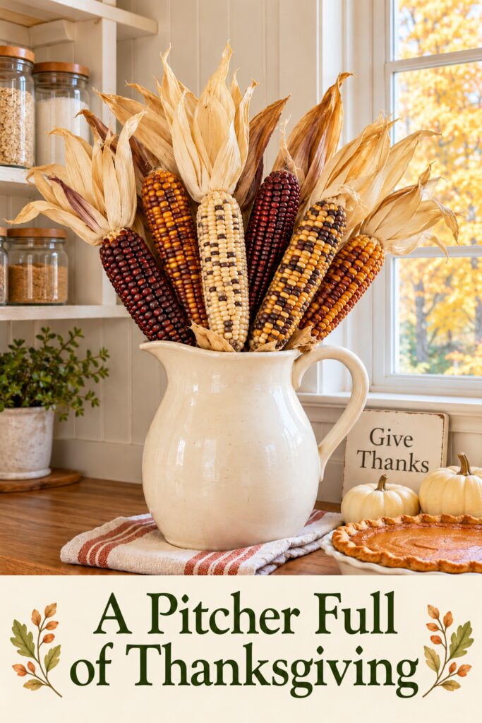 Corn pitcher bouquet above a cream panel reading A Pitcher Full of Thanksgiving