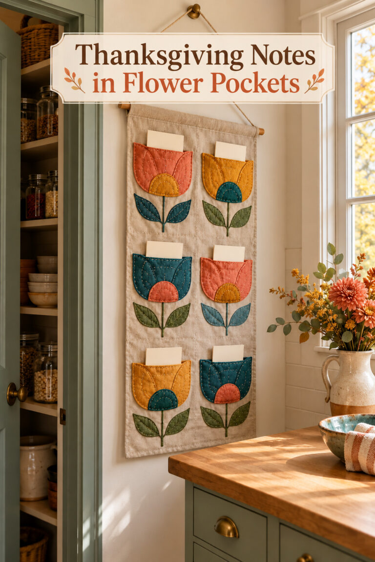 Fabric flower pocket banner holding note cards with text Thanksgiving Notes in Flower Pockets