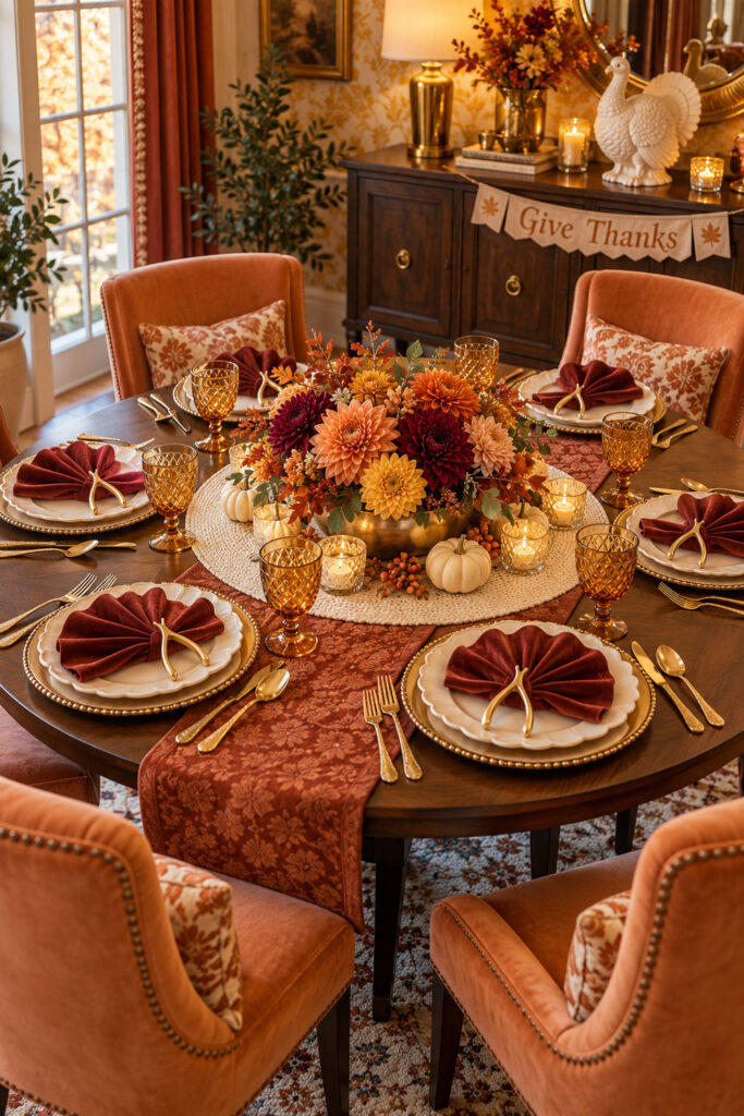 Thanksgiving table with rust napkin fans gold wishbones amber goblets and low harvest flowers