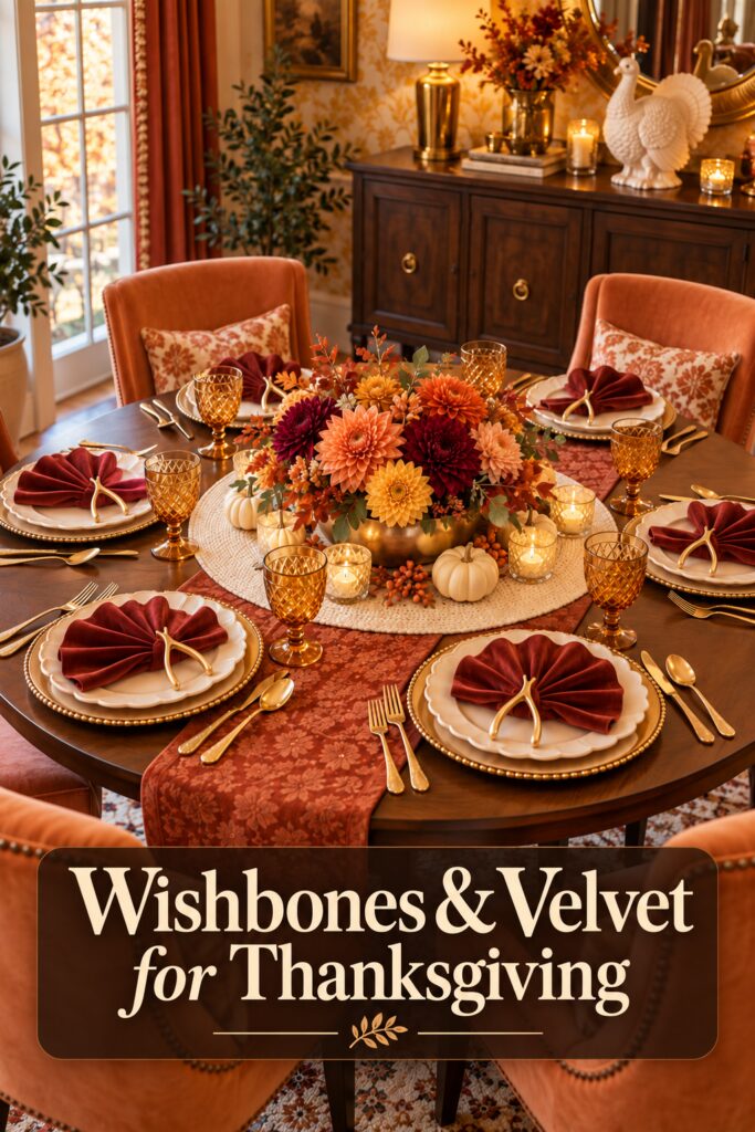Gold wishbone place settings with flowers and Wishbones and Velvet for Thanksgiving text