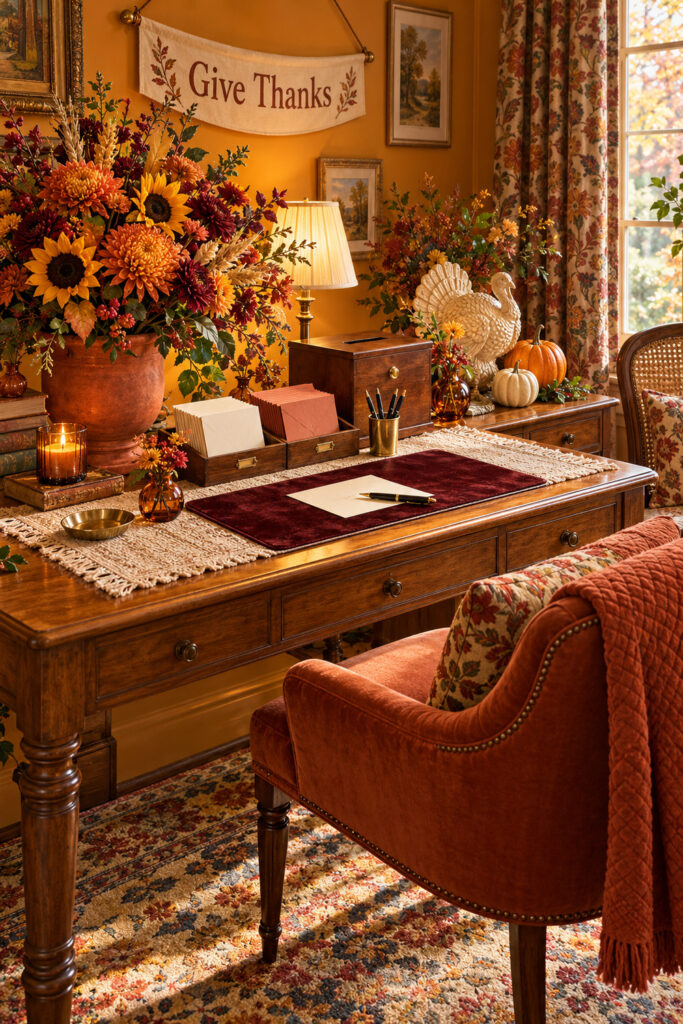 Thanksgiving gratitude writing desk with sorted cards terracotta envelopes a wooden posting box and harvest flowers
