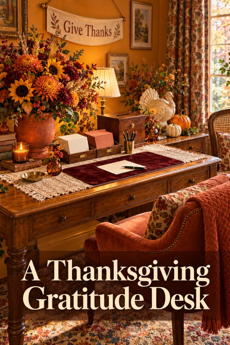 Harvest decorated desk with cream lettering reading A Thanksgiving Gratitude Desk over the lower part of the image