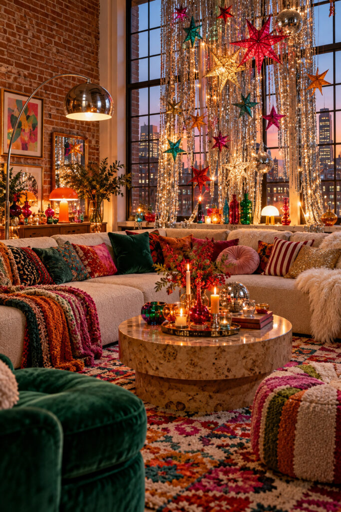 Red teal and gold hanging stars among silver fringe above a pale sectional with velvet cushions and thick throws in a brick loft