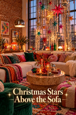 Christmas Stars Above the Sofa text over a loft seating area beneath hanging colorful stars and layered silver fringe