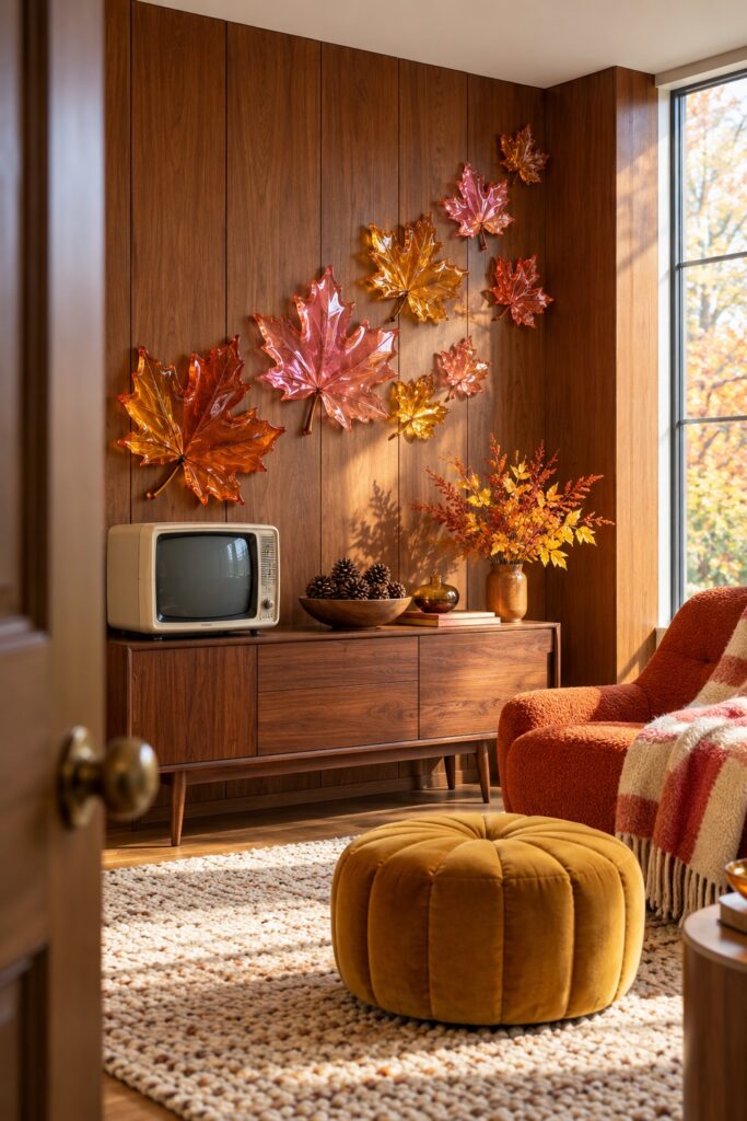 Caramel and pink maple leaf decorations rise above a walnut cabinet and retro television in a fall den