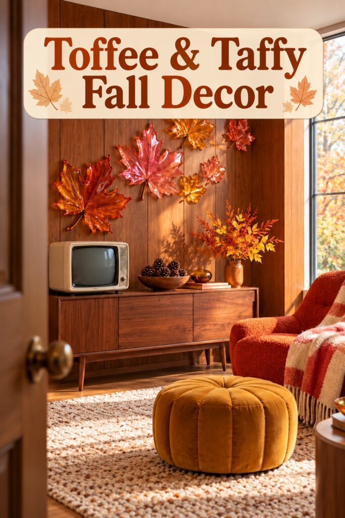 Glossy maple leaves above a walnut television cabinet with the words Toffee and Taffy Fall Decor
