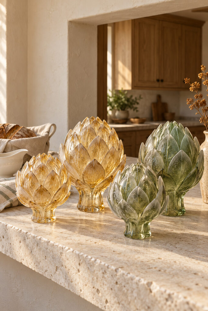 Four honey and sage glass artichokes of varied sizes on a pale Thanksgiving serving ledge