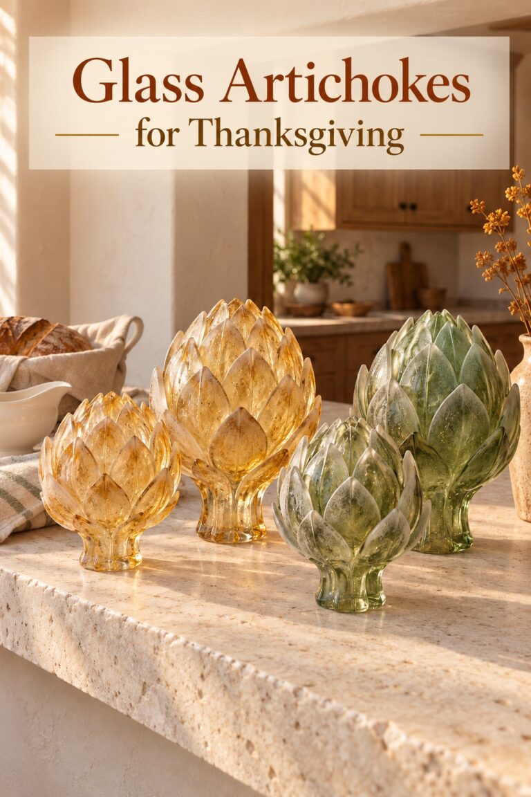 Four honey and sage glass artichokes of varied sizes on a pale Thanksgiving serving ledge with text Glass Artichokes for Thanksgiving