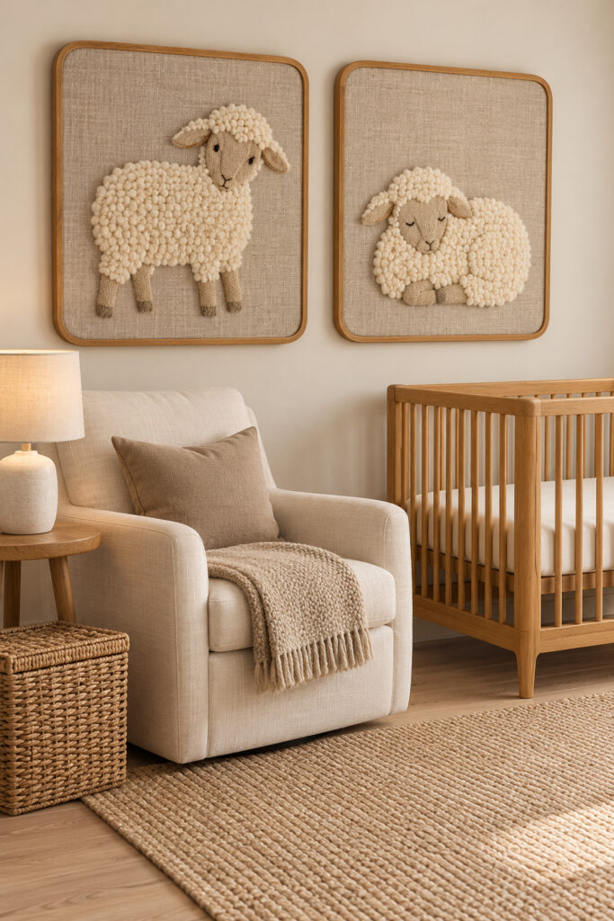 Two framed wool lamb pictures hang in a neutral nursery with an adult armchair and a wood crib
