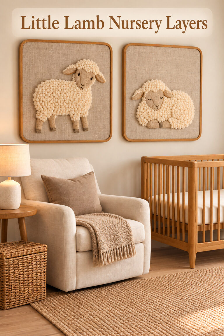 Little Lamb Nursery Layers headline above cream wool lamb pictures in a neutral farmhouse nursery