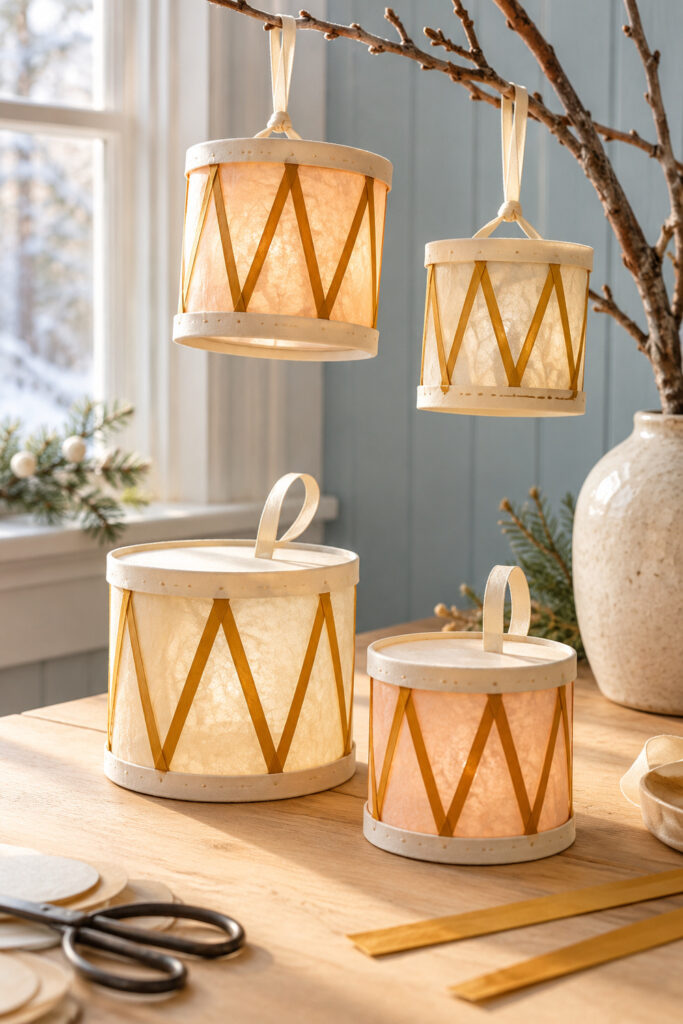 Cream and peach vellum Christmas drum ornaments with ochre paper zigzags rest on a table and hang from a branch