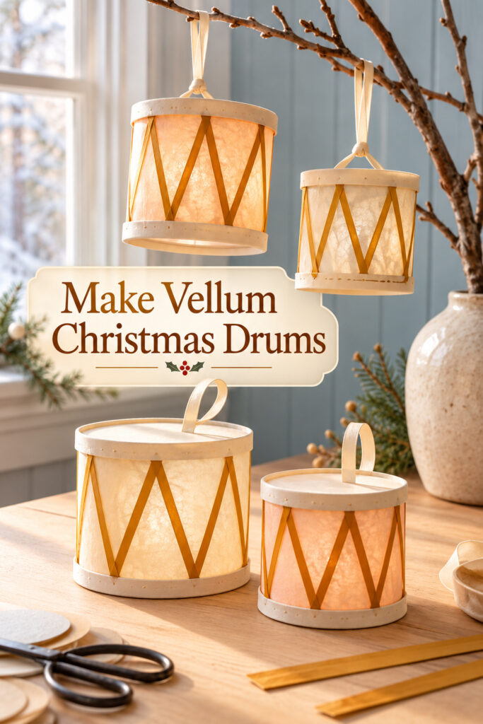 Cream and peach vellum Christmas drum ornaments with ochre paper zigzags rest on a table and hang from a branch with the words Make Vellum Christmas Drums