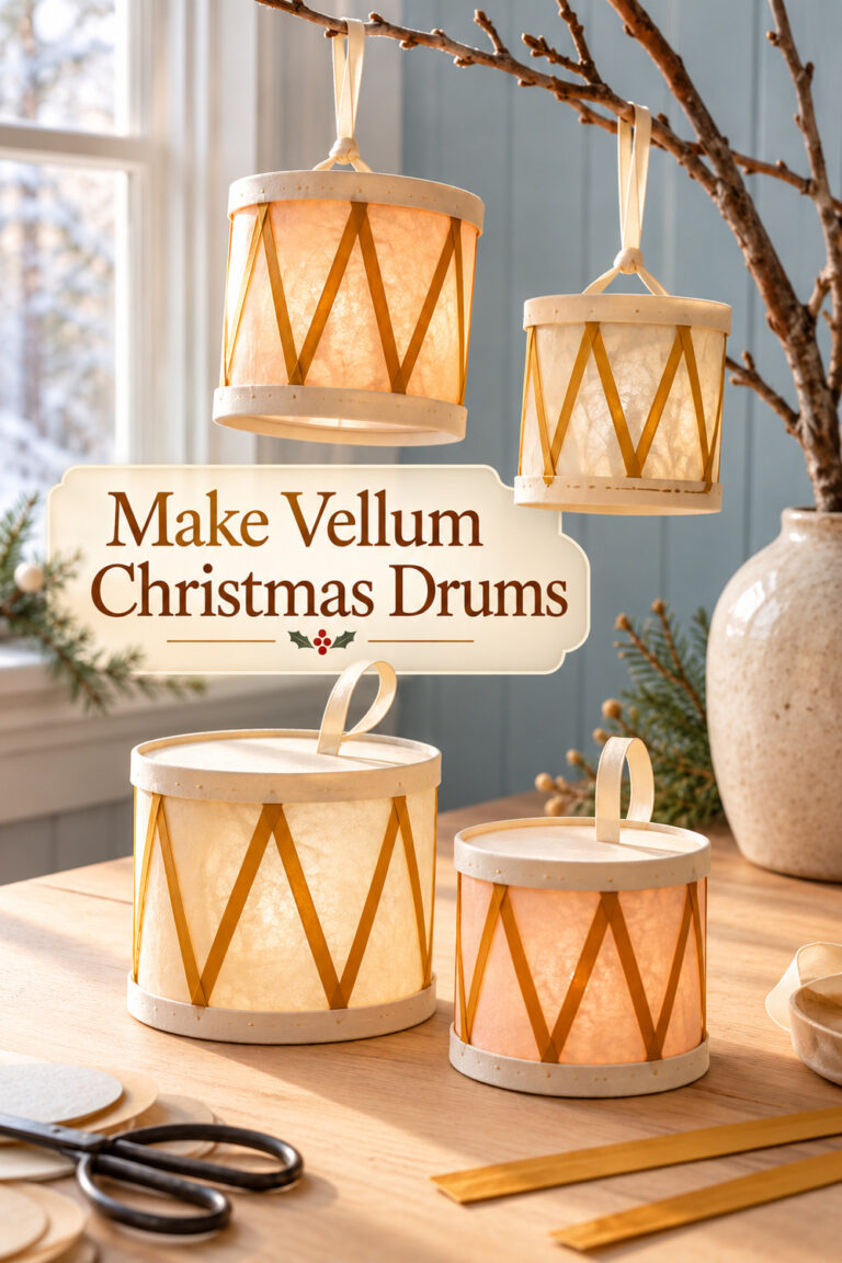 Cream and peach vellum Christmas drum ornaments with ochre paper zigzags rest on a table and hang from a branch with the words Make Vellum Christmas Drums