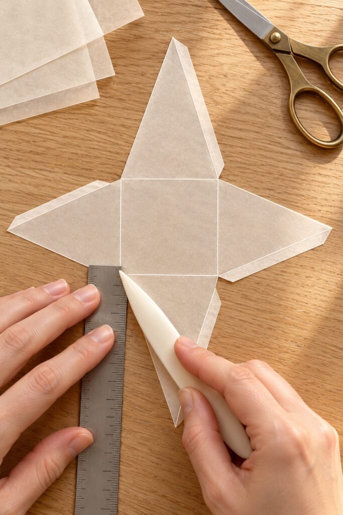 Hands scoring a cross shaped vellum pyramid net with four triangular faces around a square base