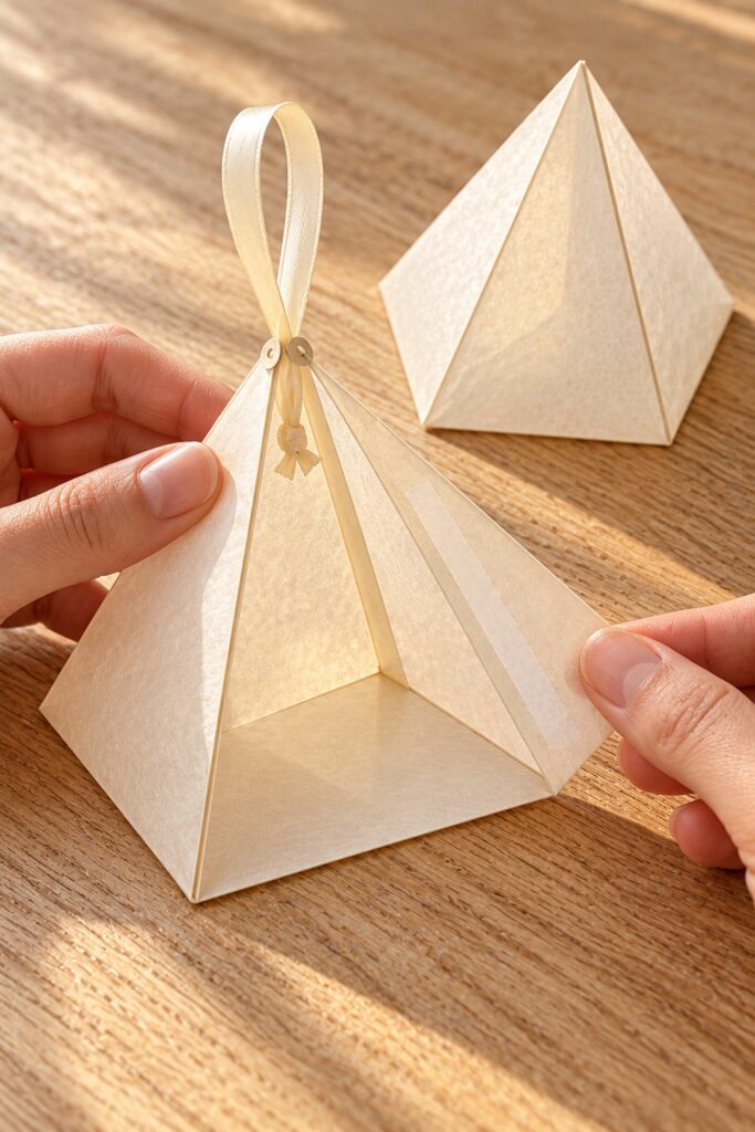 Partly assembled vellum pyramid showing an internal seam tab and a ribbon loop secured near the point