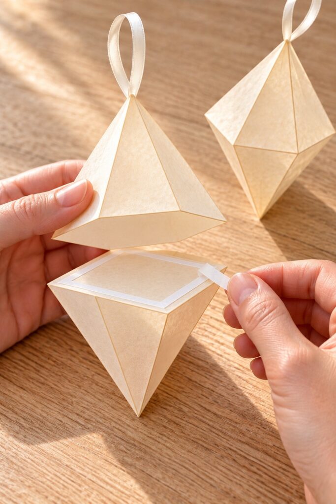 Hands aligning two vellum square pyramids base to base to form a pointed Christmas diamond ornament