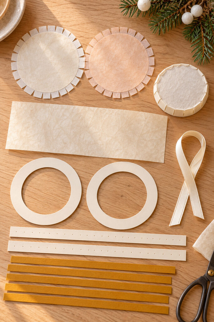 Vellum sidewall and tabbed end skins beside cream cardstock support rings ochre strips and ivory ribbon