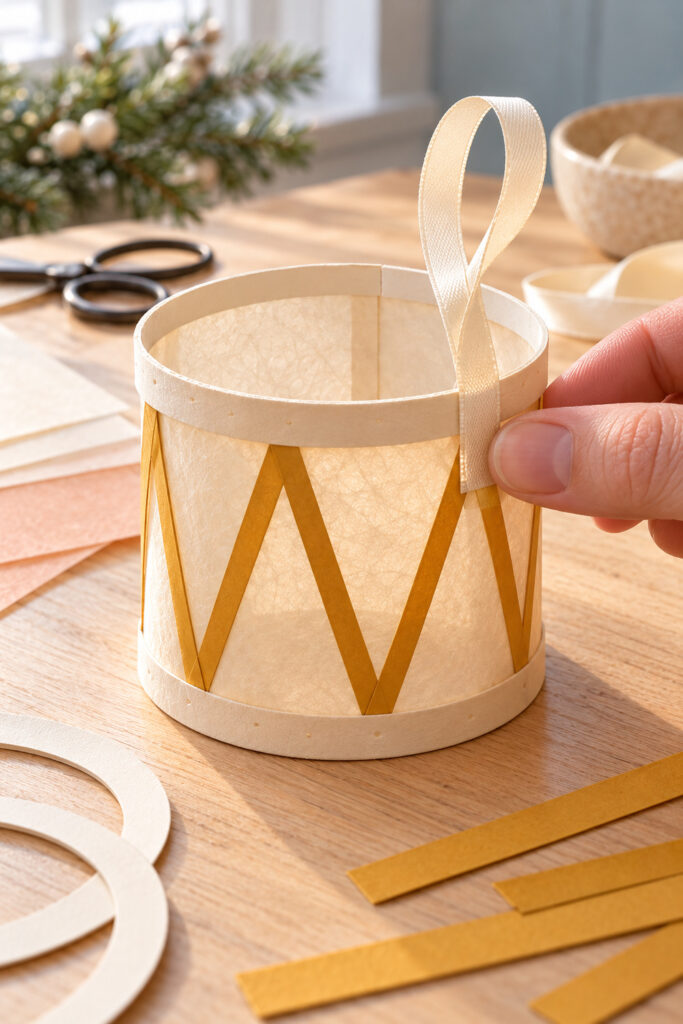 A ribbon loop is pressed onto the reinforced seam of an open vellum drum with ochre paper zigzags