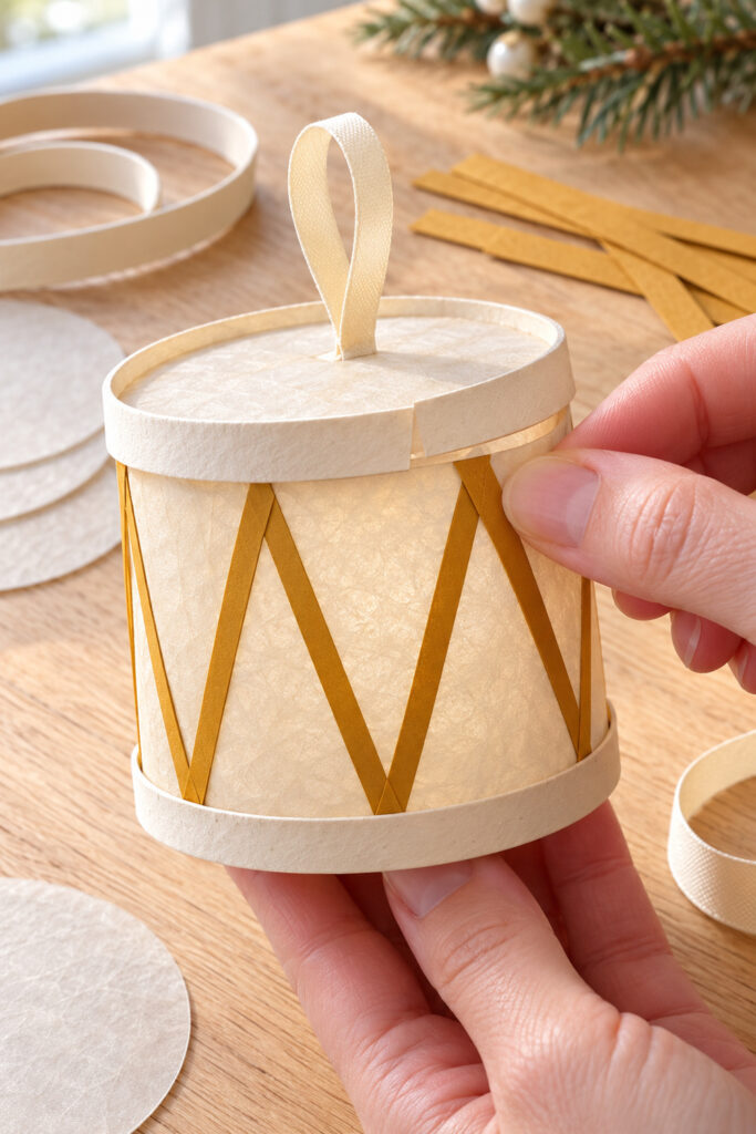 A hand presses the cream upper rim band over paper strip ends on a closed vellum Christmas drum