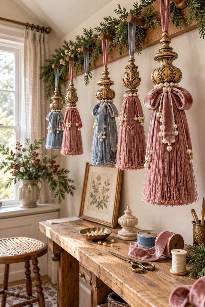 Rose and dusty blue tassel Christmas ornaments with ornate gold caps velvet bows and pearl strands hanging from a wooden peg rail