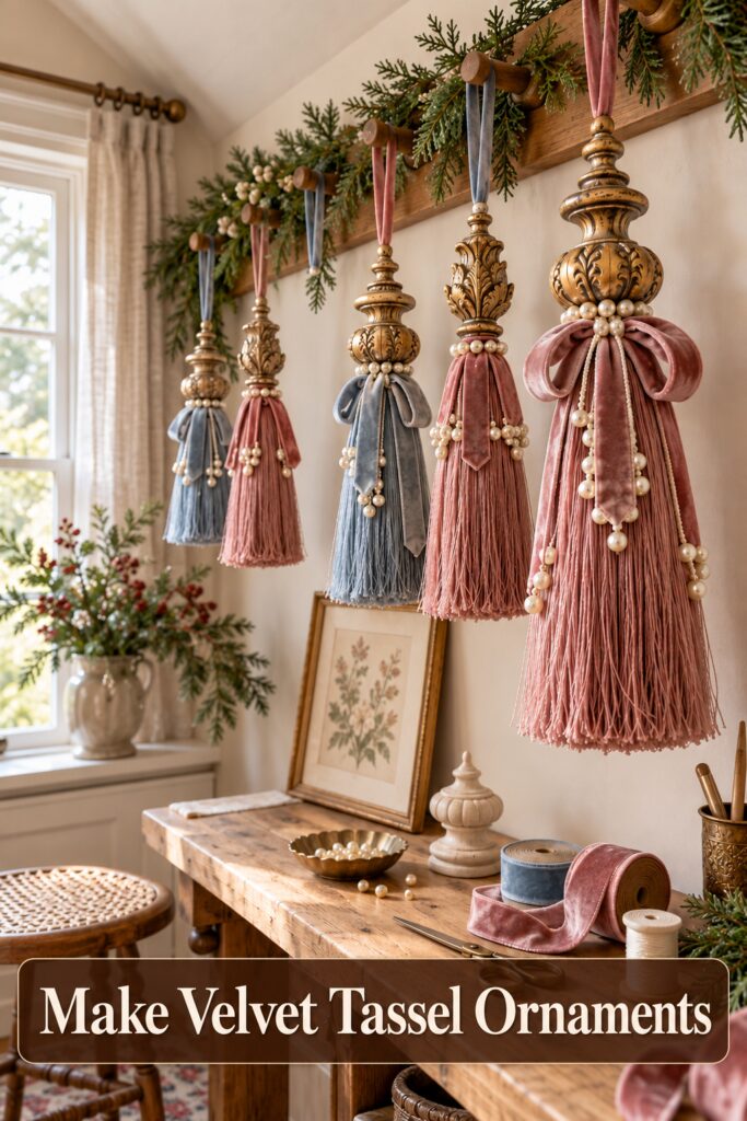 Make Velvet Tassel Ornaments headline over rose and dusty blue tassel Christmas ornaments with ornate gold caps velvet bows and pearl strands hanging from a wooden peg rail