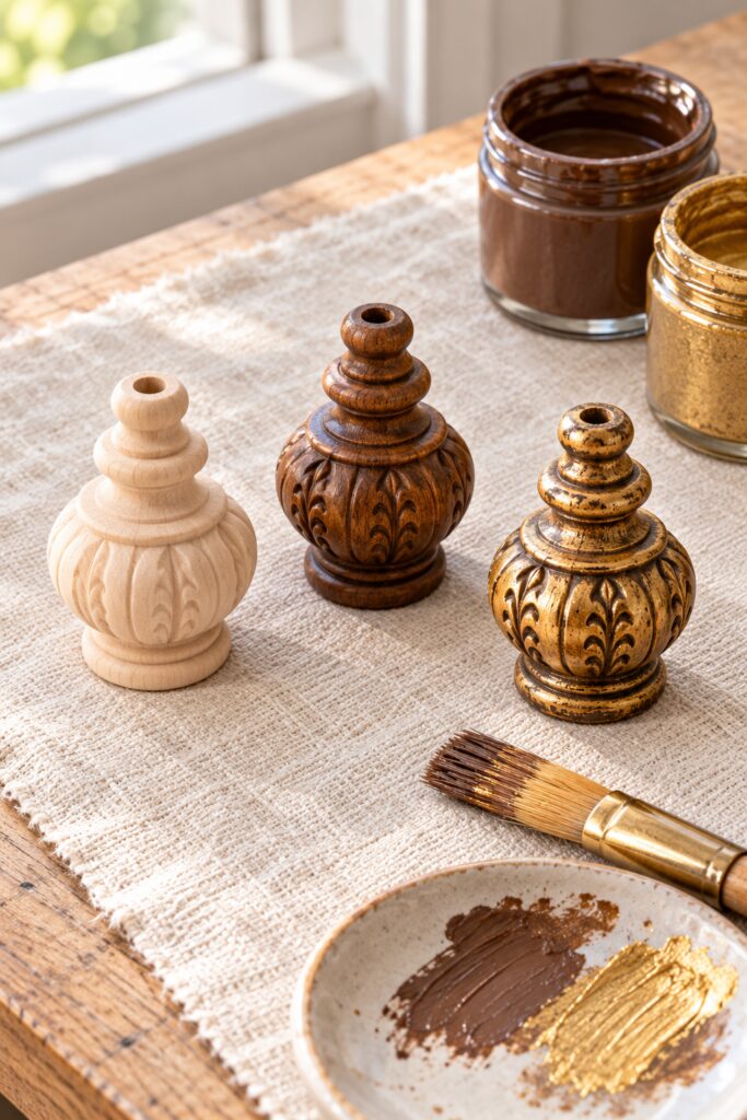 Unpainted brown painted and gold highlighted wooden tassel caps with vertical openings beside brushes and craft paint