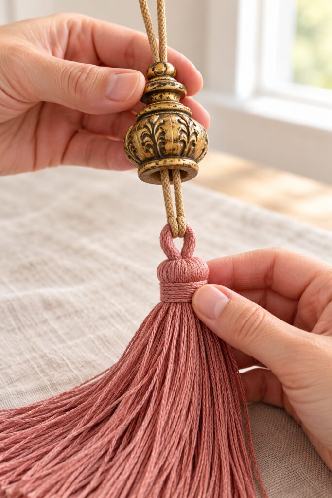 Doubled braided cord hitched to a rose tassel loop and threaded upward through a gold wooden cap held above the join