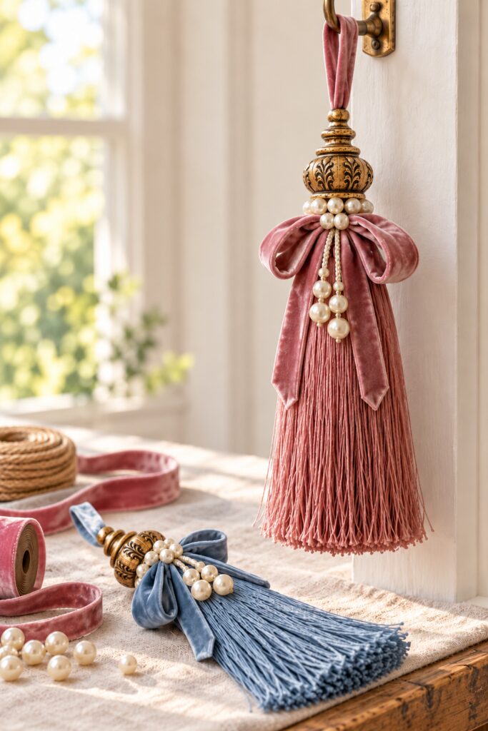 Finished rose tassel ornament with an antiqued gold cap velvet hanging loop bow and pearl strands beside a blue version