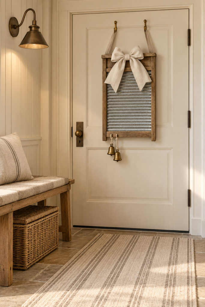 Weathered wood washboard with ivory bow and two brass bells hangs on a cream entry door
