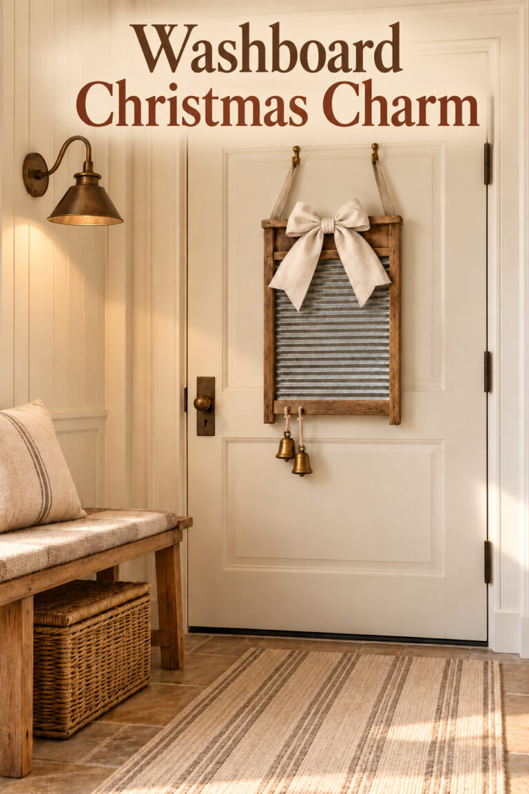 Washboard Christmas Charm headline above a wood and metal door hanger with a wide ivory bow