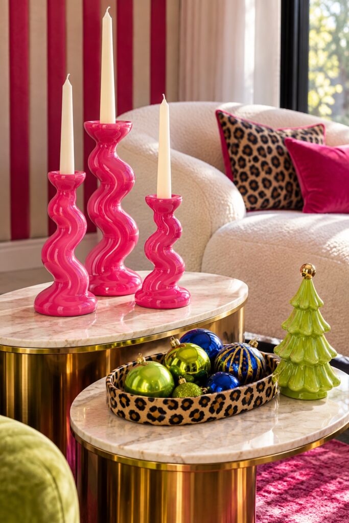 Three pink wavy candleholders with unlit ivory tapers stand above a leopard tray of baubles and a small lime Christmas tree