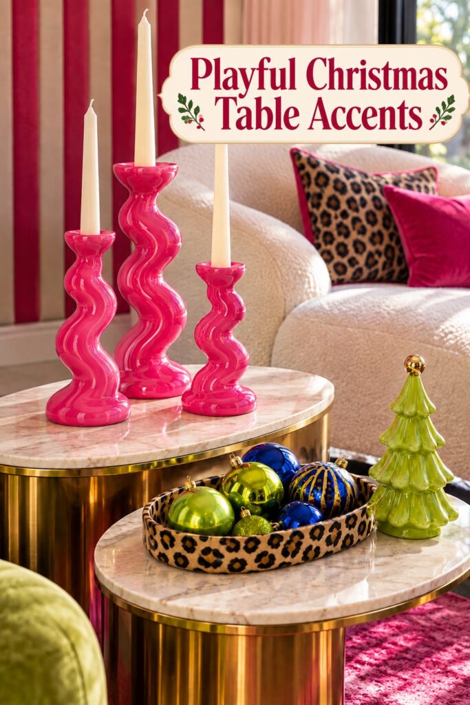 Pink curved candleholders leopard ornament tray and green tree with the words Playful Christmas Table Accents