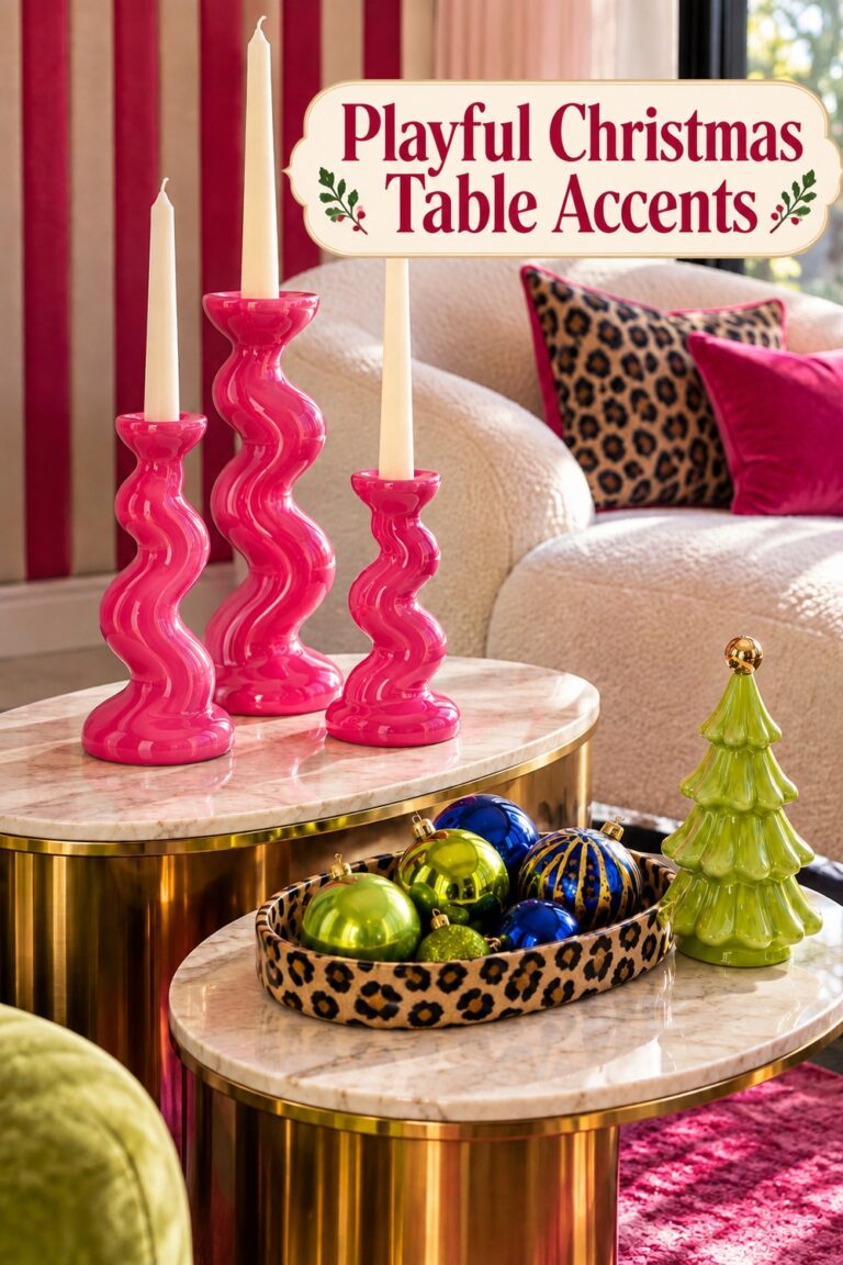 Pink curved candleholders leopard ornament tray and green tree with the words Playful Christmas Table Accents