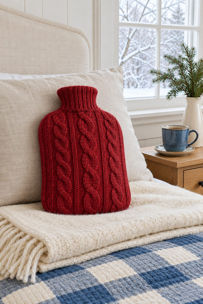 Cranberry cable knit hot water bottle against a cream pillow above a blue checked quilt beside a snowy window