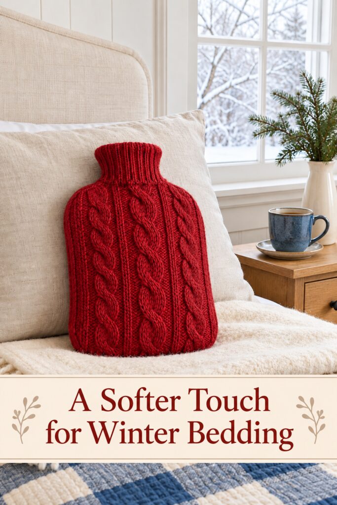 Red knit bottle on layered cream bedding beneath the words A Softer Touch for Winter Bedding