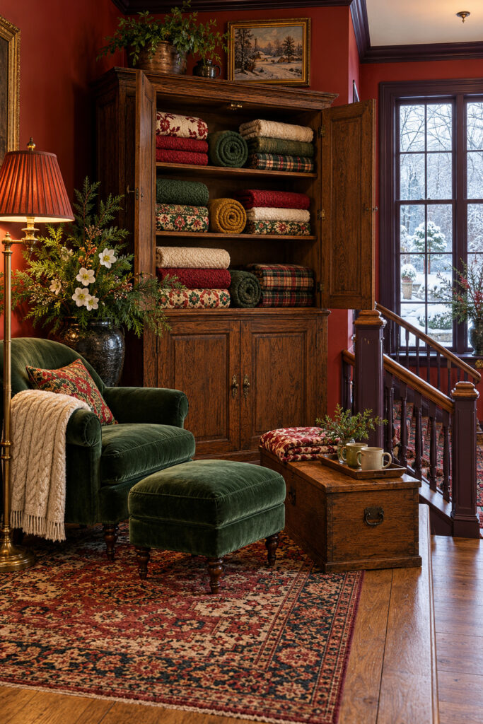 Open oak winter quilt cupboard with red green cream and mustard blankets beside a velvet chair and snowy landing window