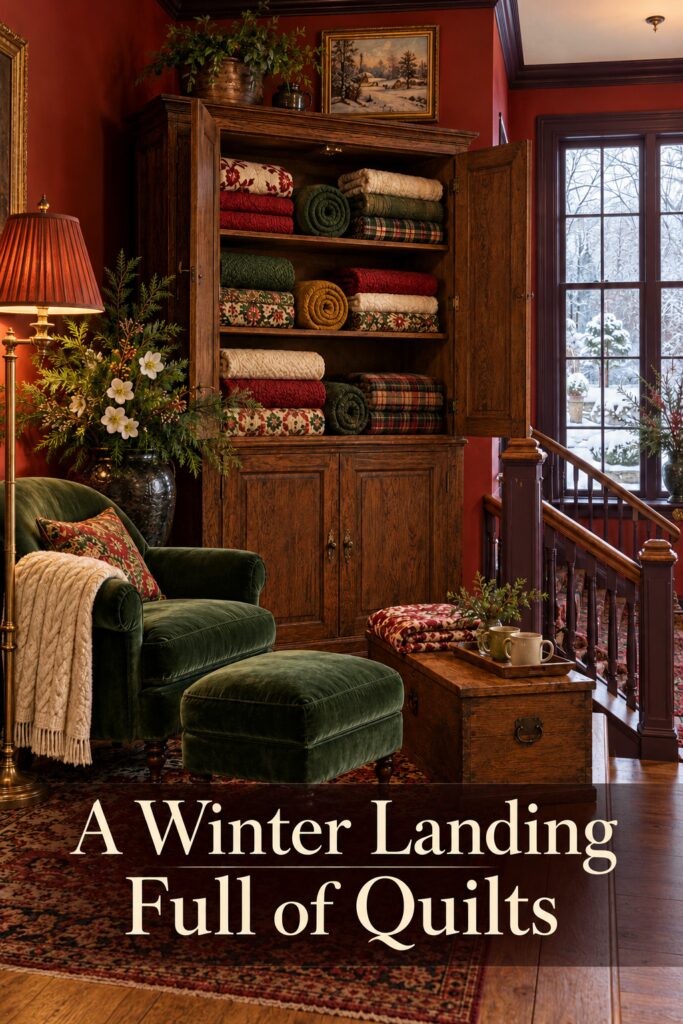 Colorful quilt cupboard and green chair with cream lettering reading A Winter Landing Full of Quilts
