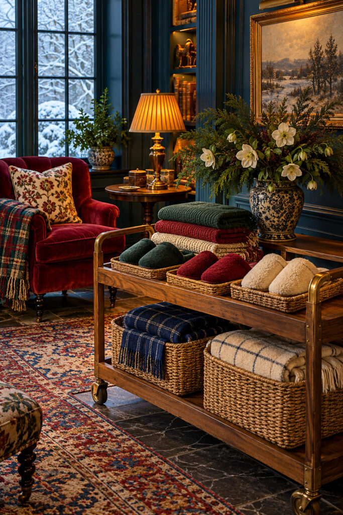 Wooden winter guest cart with woven trays of green red and cream slippers and baskets of folded plaid blankets
