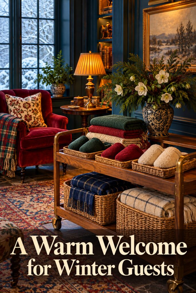 Slipper and blanket cart beside a burgundy chair with lettering reading A Warm Welcome for Winter Guests